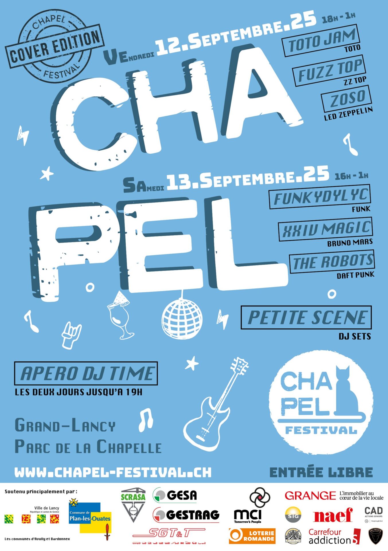 Blue poster advertising a music festival with the word 'CHAPEL' in large white letters and a list of acts, dates (September 12–13, 2025), and 'ENTRÉE LIBRE' (free entry) at Parc de la Chapelle in Grand-Lancy.