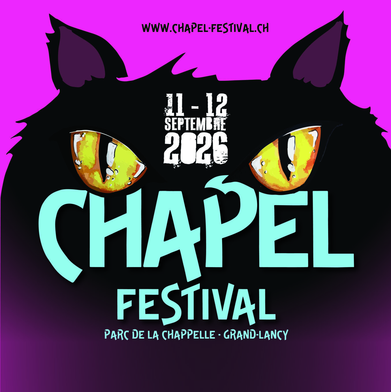 Poster for Chapel Festival featuring a black cat silhouette with bright cyan CHAPEL text and purple gradient background; dates 11-12 September 2026, venue Parc de la Chapelle, Grand-Lancy; website www.chapel-festival.ch above the cat's head.